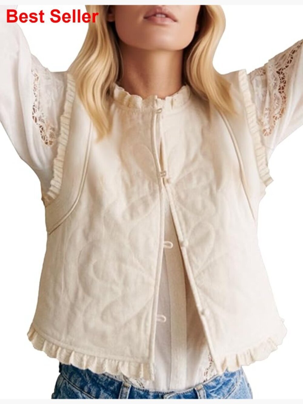 Cropped Quilted Vest Sleeveless Ruffle Trim Lightweight Button Down